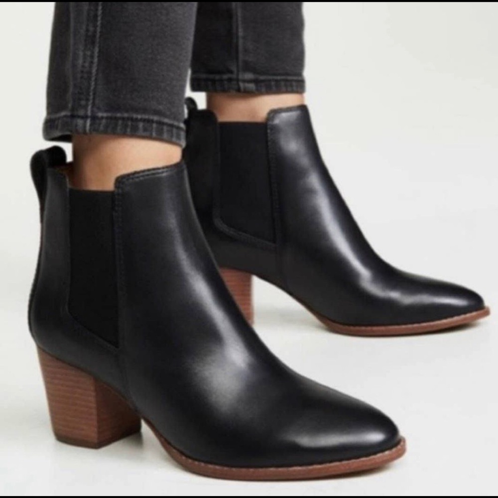 Women 9 Madewell The Regan Pull-On Boot Bootie Black Leather Block Heel J8307